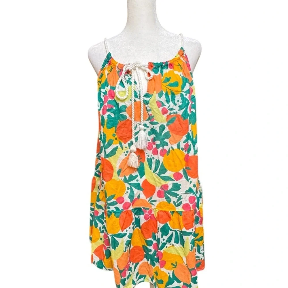 J.Crew Re-Imagined Citrus Print Mini Dress M 100% Cotton Rope Tie Summer
